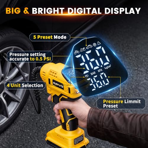 Tire Inflator Air Compressor Compatible with Dewalt 20V Battery, 150PSI Cordless Portable Air Pump with Digital Pressure & Auto Shut-Off, LED Light for Car Motorcycles Bike Ball (Tool Only)