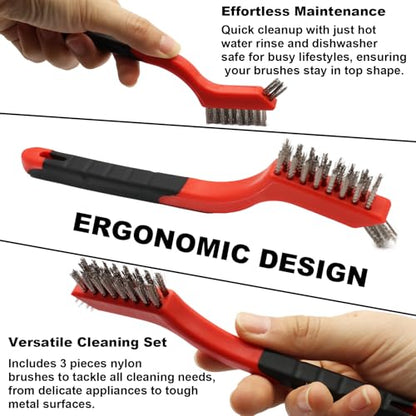3PCS Stainless Steel Little Wire Brush Set, Curved Handle Brush for Cleaning Rust Removal in Holes DIY Enthusiasts - style: Red-Stainless Steel