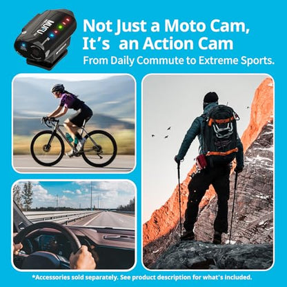 MUFU 2K Dual Front & Rear Camera for Top Mount Motorcycle Helmet, 4000mAh Battery 8H Loop Recording, IP66 Waterproof, Hands-Free POV Dash Cam, Portable Camcorder with WiFi, 64GB Memory, V40T