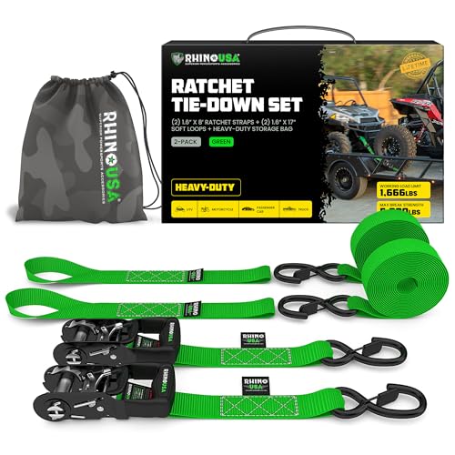 Rhino USA Ratchet Straps Heavy Duty Kit (2-Pack) - 1.6 Inch x 8 Feet Min Break Strength (5,000) - Ultimate Tie Down Straps with Safety S Hooks for Trucks, ATV, UTV, Motorcycle, Cargo & More - Green - color: Green, size: 8ft - 2 Pack