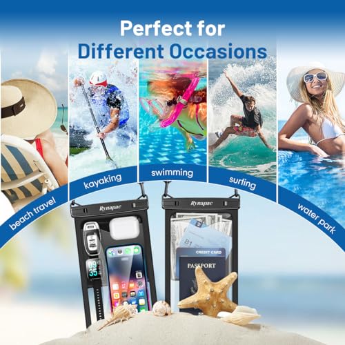 Rynapac Large Waterproof Phone Pouch [Up to 10"] - 2 Pack IPX8 Waterproof Phone Case for iPhone 17 16 15 Pro Max Galaxy S26 Ultra, Touchscreen & Underwater Photography, Beach Cruise Essentials 2026 - color: [Black + Blue] Large Waterproof Phone Pouch, siz