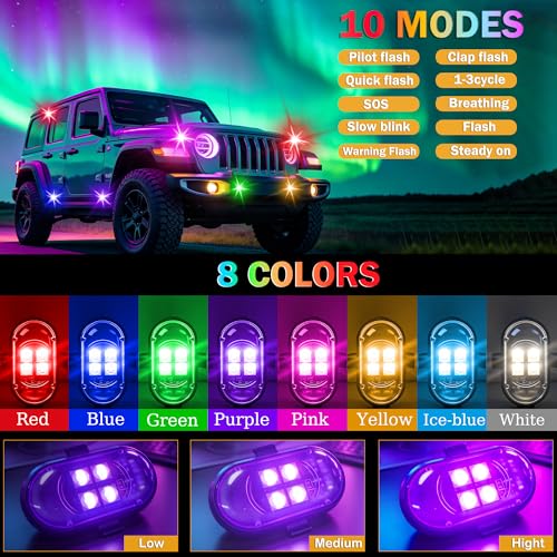 Wireless LED Lights for Car 10 Pack Remote Strobe Warning Waterproof | USB C charging, adjustable 8 colors & 10 strobe flash modes, anti-collision, fits car, truck, motorcycle, bike, drone