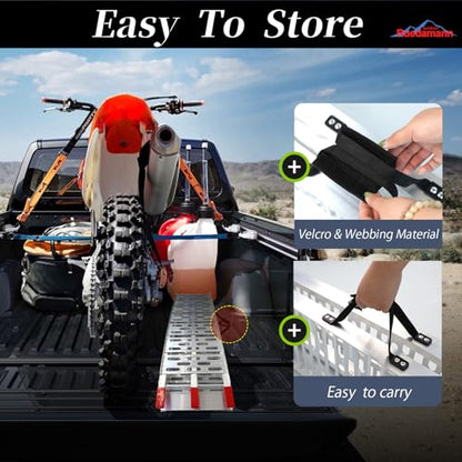 Ruedamann 7.5FT Aluminum Motorcycle Ramp, 750 lbs Capacity, Folding Truck Ramp for ATV, Motorcycle, Lawn Mower, Dirt Bike, Ribbed Plate Traction, Rubber-Tipped Fingers, Load Straps Included, 1 PC