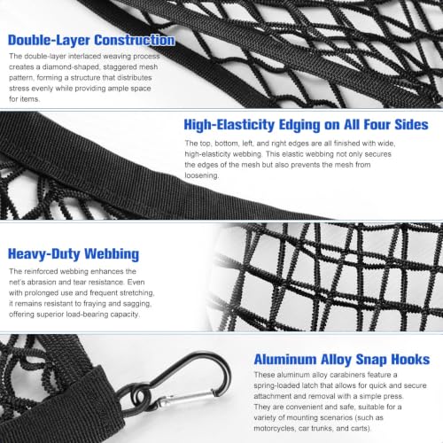 Motorcycle Cargo Net, 14"X14" High-Elastic Double Layer Bungee Net, Helmet Holder for Backpack with 6 Metal Carabiners, Expandable Mesh Storage Bag for Motorcycle and Bicycle Racks and Backpacks