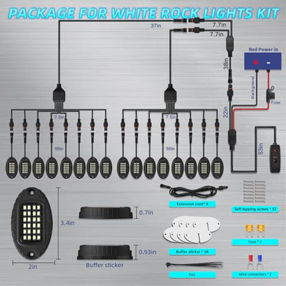 16Pods Metal Pure White LED Rock Lights Kit 6500K for Truck Pickup Offroad | Aluminum Housing, Plug-and-Play & Pre Wired, Switch Wiring Harness Extension Fuse, 384Chips Waterproof 12V, Pure Copper Wire - color: Pure White 24LEDs, size: 16Pods