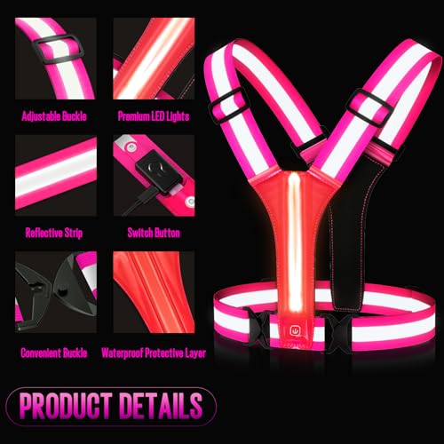 LED Rechargeable Reflective Vest with 11hrs Runtime, Light Up Safety Gear for Night Running Walking Cycling, USB Rechargeable - color: Pink