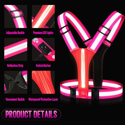 LED Rechargeable Reflective Vest with 11hrs Runtime, Light Up Safety Gear for Night Running Walking Cycling, USB Rechargeable - color: Pink