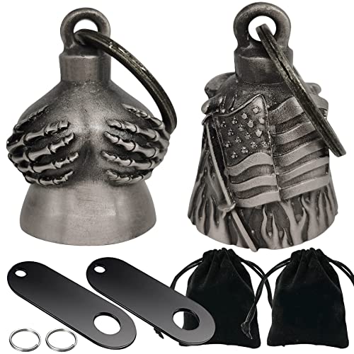 Dream Apparel 2 Pack Motorcycle Bells Guardian Angel for Biker Rider Men Women Ride Riding with Hangers, Drive Away Gremlins - color: Handful Bell + Us Flag Bell