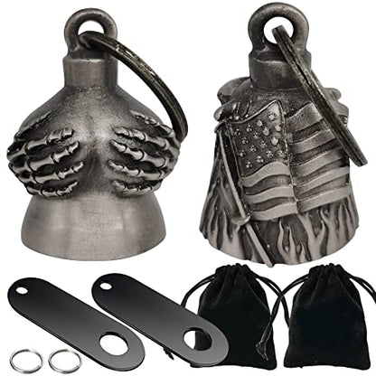 Dream Apparel 2 Pack Motorcycle Bells Guardian Angel for Biker Rider Men Women Ride Riding with Hangers, Drive Away Gremlins - color: Handful Bell + Us Flag Bell