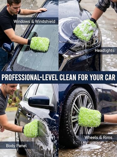 TAKAVU Car Wash Mitt Scratch Free, 2 Pack Microfiber Wash Mitts for Auto Detailing, Soft Lint Free Cleaning Gloves, Holds Sudsy Water, Machine Washable (Green & White) - color: Green