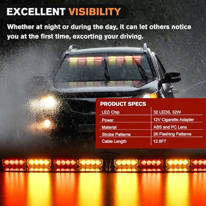 Nilight 32LED Amber Red Emergency Dash Strobe Lights with Controller Suction Cups Warning Hazard Interior Front/Rear Windshield Deck Split Light Bar for Trucks Construction Vehicles - color: Amber and Red