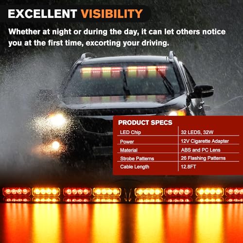 Nilight 32LED Amber Red Emergency Dash Strobe Lights with Controller Suction Cups Warning Hazard Interior Front/Rear Windshield Deck Split Light Bar for Trucks Construction Vehicles - color: Amber and Red