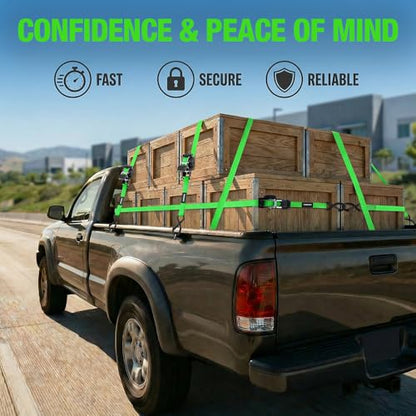 Retractable Ratchet Straps (4-Pack) - 1 Inch x 10 Feet (1,650lb Break Strength) - Heavy Duty Auto Self Retracting Tie Down Straps for Motorcycle, ATV, UTV, Truck, Cargo Trailer - Green - color: Green