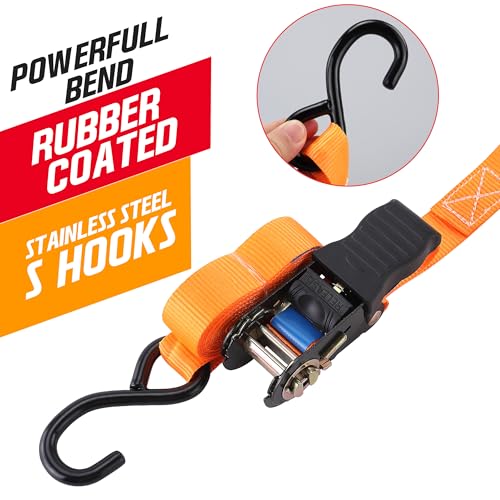Ratchet Straps 2 Pack – 1 Inch x 13 Feet, 2000 lb Heavy Duty Tie Down Straps with S Hooks, Cargo Straps for Truck Trailer Motorcycle Straps, Luggage Straps