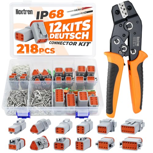 218PCS 12 Kits DT Deutsch Connector Kit with Ratcheting Wire Crimper, 2/3/4/6/8/12 Pin IP68 Waterproof Automotive Electrical Connectors, Size 16 Stamped Contacts for Car Truck Boat Motorcycle