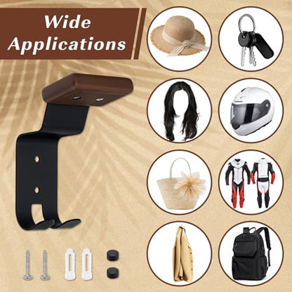 4PCS Helmet Wall Mount Motorcycle Helmet Holder Helmet Rack Wall Mount with Double Hook Beech Wood & Metal Helmet Hanger for Football Helmet Hats Coats Sportswear
