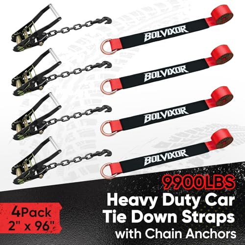 4 Pack Car Tie Down Straps for Trailers - 2" x 96" - 9900LBS Break Strength - Tire Ratchet Straps with Heavy Duty Chain Anchors for Hauling UTV, SUV, Truck, Any Cars - color: Red