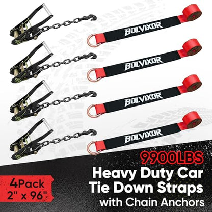 4 Pack Car Tie Down Straps for Trailers - 2" x 96" - 9900LBS Break Strength - Tire Ratchet Straps with Heavy Duty Chain Anchors for Hauling UTV, SUV, Truck, Any Cars - color: Red