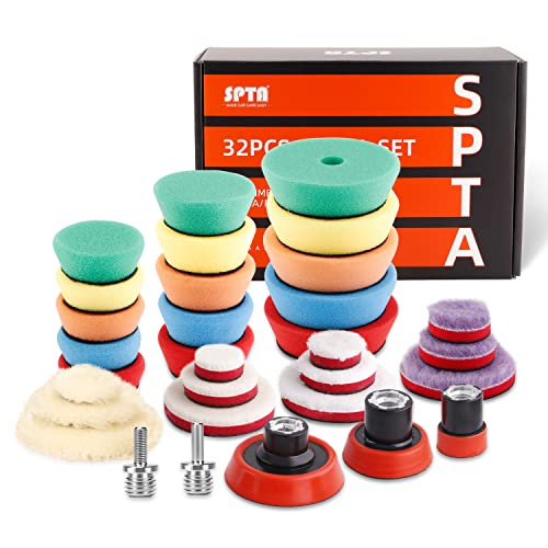 SPTA 29pcs Drill Buffing Pad Detail Polishing Pad Mix Size Kit with 5/8-11 Thread Backing pad & Adapters for Car Sanding, Polishing, Waxing (32Pcs Mini Detail Polishing Sets) - color: 32pcs