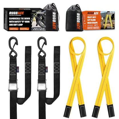 2PK 1.5" x 8FT Motorcycle Tie Down Straps, 3,000lb Break Strength, Heavy Duty Cambuckle & 2PK 2”x6.5FT Lift Sling Web Strap, 13,000lbs Capacity for Dirt Bike, ATV, UTV, Boat, and Kayak