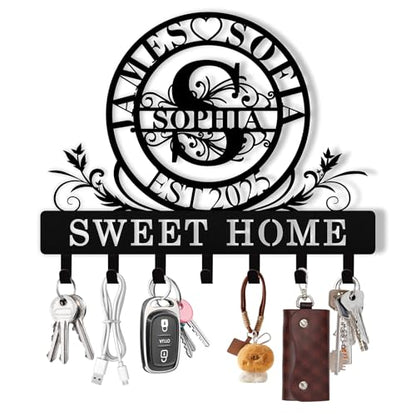 Personalized Key Holder Wall Mount, Custom Family Name Metal Key Rack Organizer, Wall Keys Hanger with Monogram Design, Home Keys Hooks for Bedroom Entryway, Anniversary Couple Gift - color: 10 Monogram