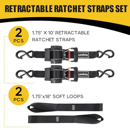 Ayaport Retractable Ratchet Straps 1.75in X 10ft, 4400lbs Break Strength, Heavy Duty Ratchet Straps Self RetractableTie Down Straps with Hook & Soft Loops for Motorcycle, Cargo Trailer, Truck, 2PK - size: 1.75"x10'-2pc