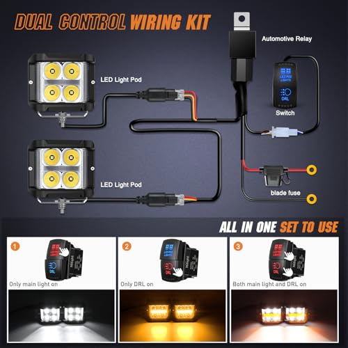Nilight Side Shooter LED Light Pods with Amber DRL 4 Inch 26 W Spot Flood Combo LED Cubes Light w/ 16AWG Wiring Kit for Offroad Driving Fog Light Auxiliary Light on Truck ATV UTV - color: 4LED Sideshooter Spot Pod w/ Amber DRL