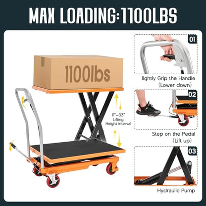 SPECRAFT 1100 lbs Hydraulic Lift Cart, Single Scissor Lift Table, 33" Max Height, 4 Wheels, Non-Slip Pad Material Handling Platform, Orange - size: 1100 lbs