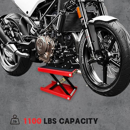 1100lb Motorcycle Lift Scissor Jack with Steel Wide Deck,Motorcycle Jack Stand Hoist for Cruisers, Dirt Bikes, ATVs, Workshop Garage Use