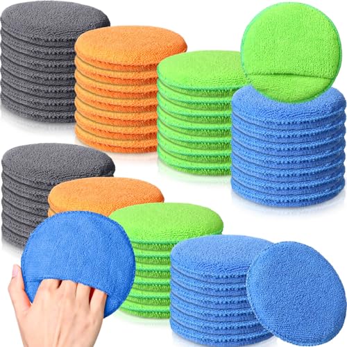 FillTouch 52 Pcs Microfiber Wax Applicator Pad 5" Diameter Soft Wax Pads for Car with Finger Pocket Cleaning Microfiber Polishing Care Foam Sponge for Cars, Truck, Boat, Motorcycle, RV, 4 Colors