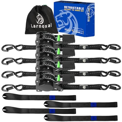 Retractable Ratchet Straps 4 Pack - 1,500 Lbs Break Strength 1 in x 10 Ft Heavy Duty Retractable Ratchet Tie Down Straps with S Hooks Set for Truck, Cargo Van, Trailer, Motorcycle (Black) - color: Black
