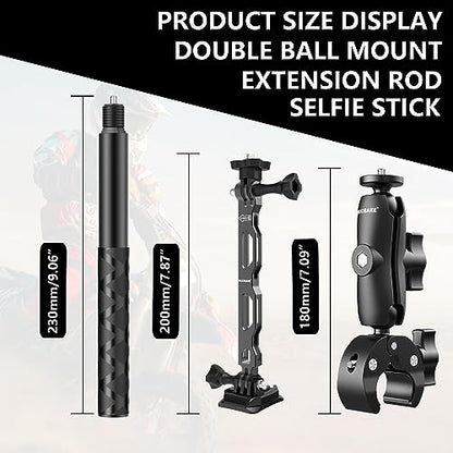 Universal Action Camera Mount Bundle for Motorcycles & Bikes, 1/4" Thread Handlebar Clamp & Adhesive Helmet Kit, Compatible with Insta360 X5/X4/X3/X2, GoPro Hero 13/12/11/10/9, DJI Osmo Action etc - style: Basic+Selfie Stick