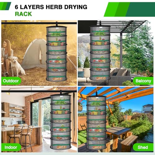 Yesker 6 Layer Herb Drying Rack Hanging Mesh Net Foldable Plant Drying Racks 24" Diameter with Green Zipper & Hook Dryer Hanging Rack for Herbs Seed Bud Fruit Clothes Grow Tent Closets Garden Outdoor - size: 6 Layers Fluorescent Green & Black with Hook