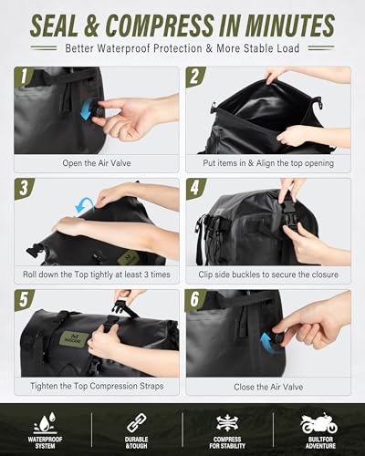 Marscamd Waterproof Motorcycle Dry Bag, Tail Saddle Luggage with 4 Quick-Release Mounting Straps, Roll-Top Closure, Travel Duffel for Motorcycling, Camping, Road trips (Black, 30L)