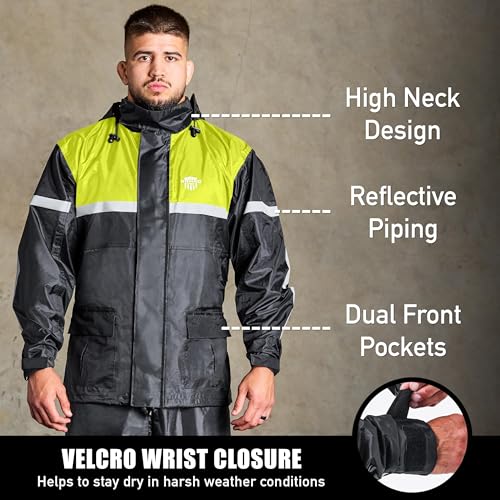 Waterproof Motorcycle Rain Suit, 2-Piece Reflective Gear, Lightweight Riding Jacket & Pants, Protective Raincoat with Hoodie - color: Green, size: XL-2XL