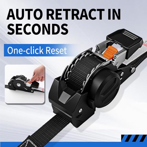 Retractable Ratchet Straps with Soft Loop (4-Pack) - 1 Inch x 10 Feet (1650lb Break Strength) -Heavy Duty Auto Self Retracting Tie Down Straps for Truck, Cargo Trailer, Motorcycle, ATV, UTV - Black