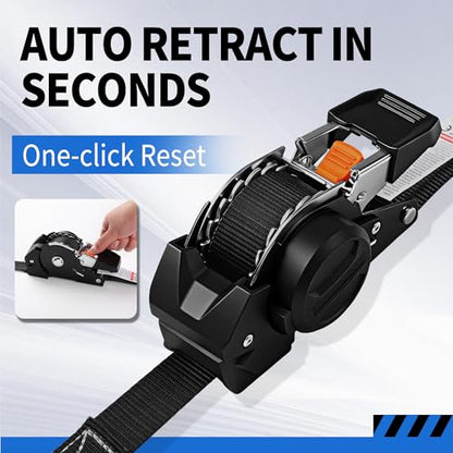 Retractable Ratchet Straps with Soft Loop (4-Pack) - 1 Inch x 10 Feet (1650lb Break Strength) -Heavy Duty Auto Self Retracting Tie Down Straps for Truck, Cargo Trailer, Motorcycle, ATV, UTV - Black