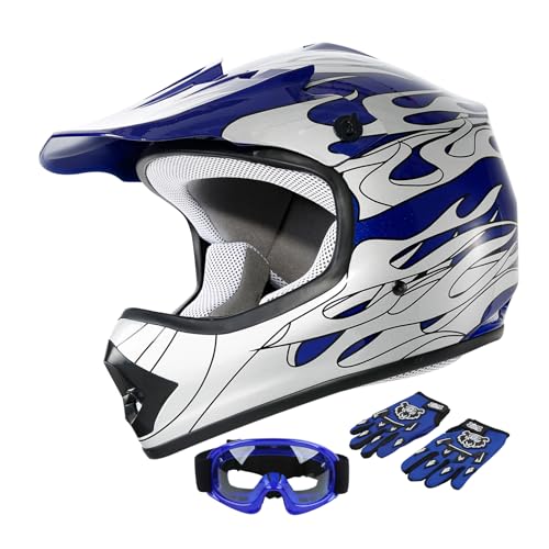 SLMOTO Dot Youth Kids Helmet Motocross Offroad Street Helmet Motorcycle Helmet Dirt Bike Motocross ATV Blue Flame Design Helmet+Goggles+Gloves,Small - color: Blue Frame, size: Small
