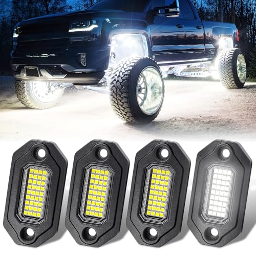 4 Pods Aluminium Pure White LED Rock Lights, 6500K Super Bright Neon Underglow Lights, IP68 Waterproof for Trucks SUV UTV ATV RZR Car Boats Motorcycle with 15ft Extension Wire - size: 4 Pods