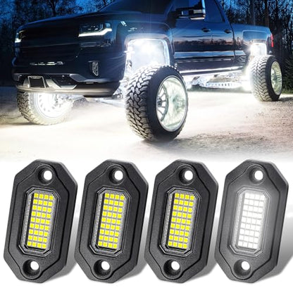 4 Pods Aluminium Pure White LED Rock Lights, 6500K Super Bright Neon Underglow Lights, IP68 Waterproof for Trucks SUV UTV ATV RZR Car Boats Motorcycle with 15ft Extension Wire - size: 4 Pods