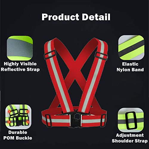 Reflective Strap Safety Vest Gear - 2-10 Pack Adjustable High Visible Reflective Running Gear for Women Men Night - color: Red X2
