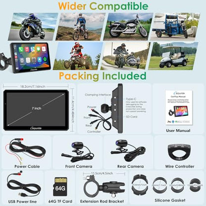 Carpuride W712D Motorcycle Carplay Screen with HD 1080 Dual Dash Cam, Wireless Car Play and Android Auto, 7" Waterproof Rotatable Navigation Touchscreen, Loop Recording, Bluetooth, Wired Controller - style: Carpuride w712d