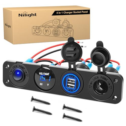 Nilight 4 in 1 Outlet Socket Panel 12V DC 4.8A Dual USB 12 Volt Cigarette Lighter LED Voltmeter ON Off Rocker Toggle Switch for Marine Boat Truck Car - color: 4 in 1 Blue