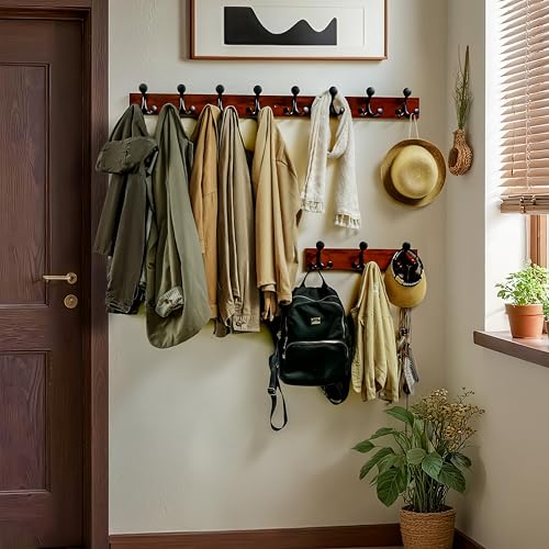 WEBI Coat Rack Wall Mount,17" Solid Wood Coat Hooks Wall Mounted Coat Hanger,16" Hole to Hole,Heavy Duty Hook Rack Rail,3 Triple Hooks for Hanging Coats,Jacket,Clothes,Hat,Backpack,Cherry - color: Cherry, size: 17 Inch