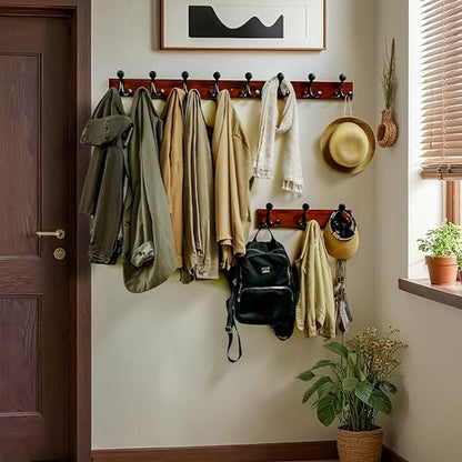WEBI Coat Rack Wall Mount,24" Solid Wood Coat Hooks Wall Mounted Coat Hanger,16" Hole to Hole,Heavy Duty Hook Rack Rail,4 Triple Hooks for Hanging Coats,Jacket,Clothes,Hat,Backpack,Cherry - color: Cherry, size: 24 Inch