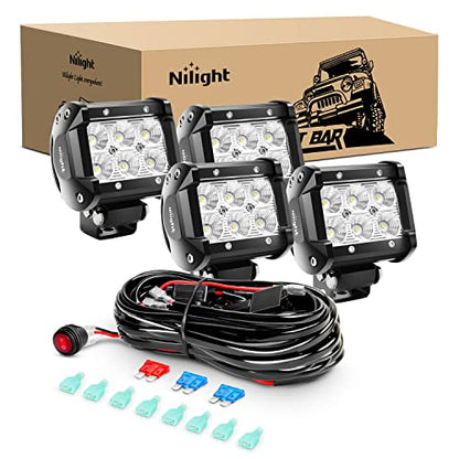 Nilight LED Pods 4Pcs 4 Inch 18W Flood Off Road Fog Lights Driving Roof LED Light Bar Work Light with 16AWG Wiring Harness Kit - 4 Leads for Truck ATV UTV SUV Boat, 2 Years Warranty - size: 4 LED Pods with Wiring Harness