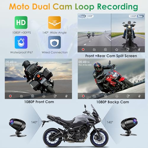 Carpuride W712D Motorcycle Carplay Screen with HD 1080 Dual Dash Cam, Wireless Car Play and Android Auto, 7" Waterproof Rotatable Navigation Touchscreen, Loop Recording, Bluetooth, Wired Controller - style: Carpuride w712d