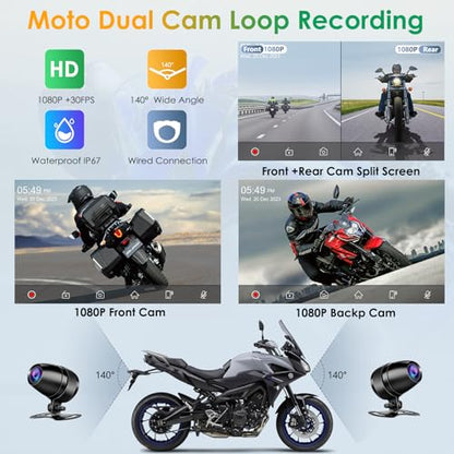 Carpuride W712D Motorcycle Carplay Screen with HD 1080 Dual Dash Cam, Wireless Car Play and Android Auto, 7" Waterproof Rotatable Navigation Touchscreen, Loop Recording, Bluetooth, Wired Controller - style: Carpuride w712d