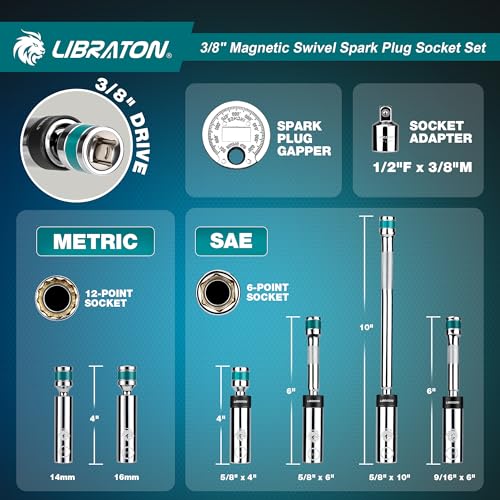 LIBRATON 8PCS 3/8"Dr. Magnetic Spark Plug Socket Set, Include Gapper & Extension Bar, Swivel Head Thin Wall (5/8" 9/16" 14mm 16mm), 6&12 Point for Truck Motorcycle Auto Repair, w/4",6",10", CR-V