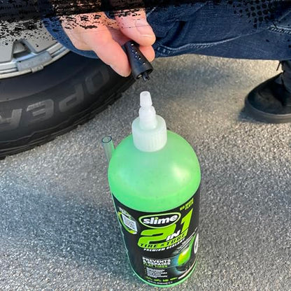 Slime 10194 2-in-1 Tire & Tube Sealant Puncture Repair Sealant, Premium, Prevent and Repair, Suitable for All Off-Highway Tires and Tubes, Non-Toxic, Eco-Friendly, 32 oz Bottle - style: 32 oz